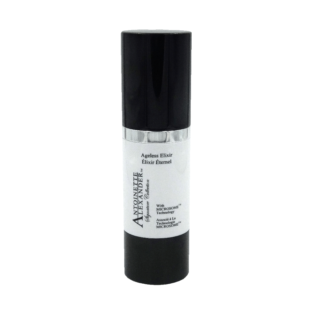 Ageless Elixir, black and white airless pump plastic container, high quality silk screen printing