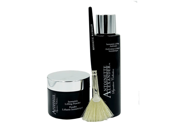 Lifting Mask set with fan brush and travel bag, silver tops black jar and black plastic duo with fan brush