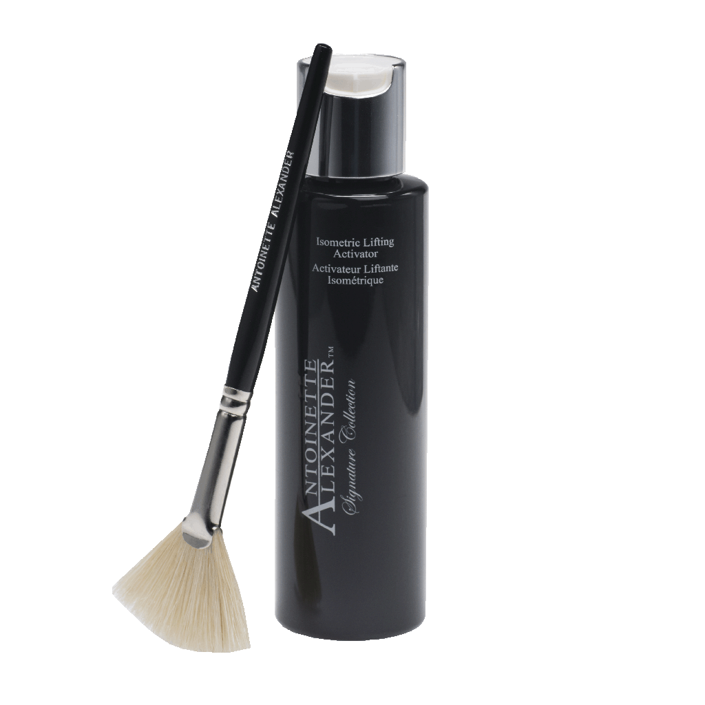 Isometric Lifting Activator, silk screen print in a plastic silver to, lift screw off lift top comes with logo Fan Brush