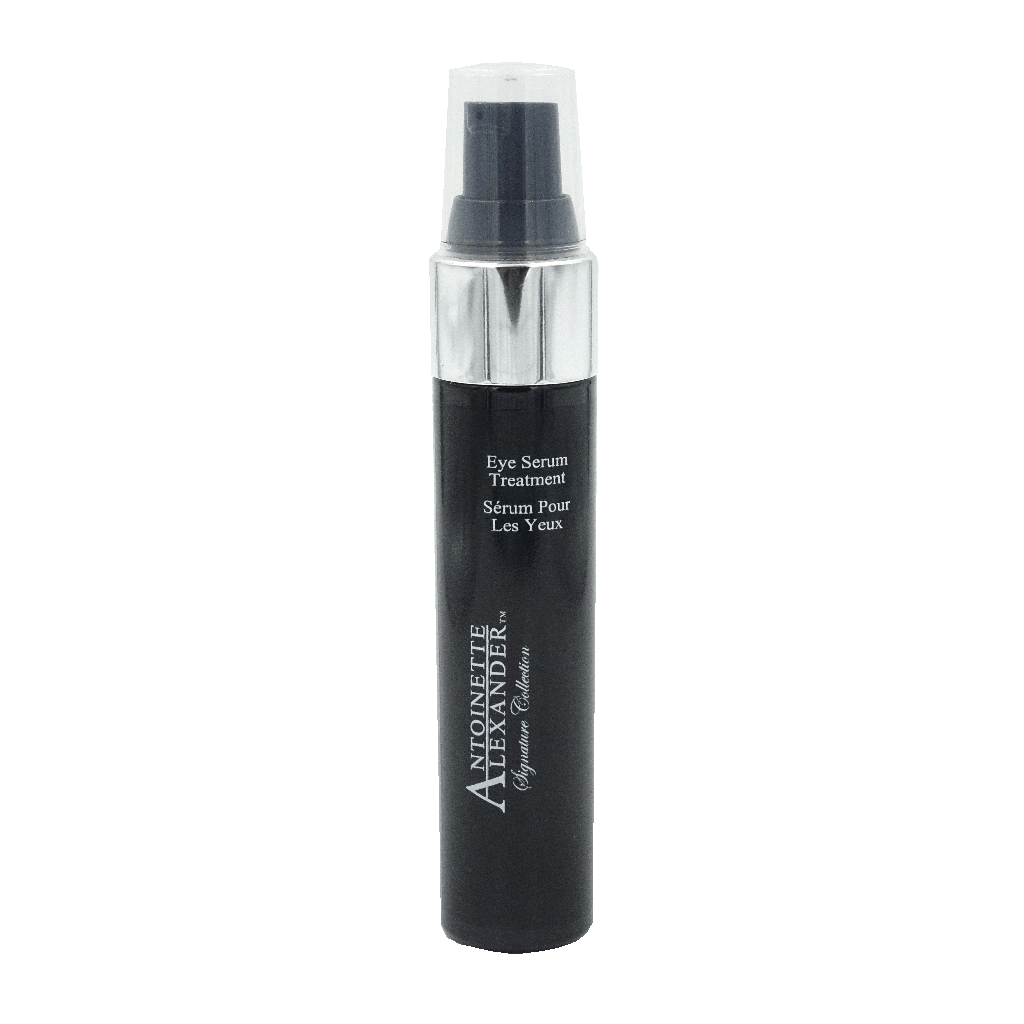 black and Eye Serum treatment in a small black and white airless pump plastic container, high quality silk screening print