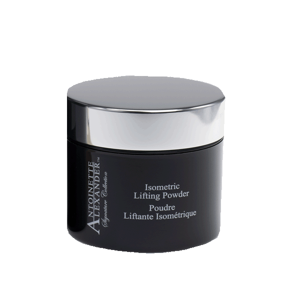 Isometric Lifting Powder in black plastic silk screen printed jar with silver top